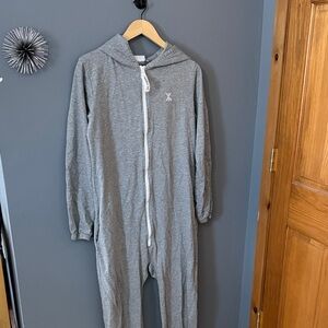 Gray Hooded One Piece Onesie with White Zipper